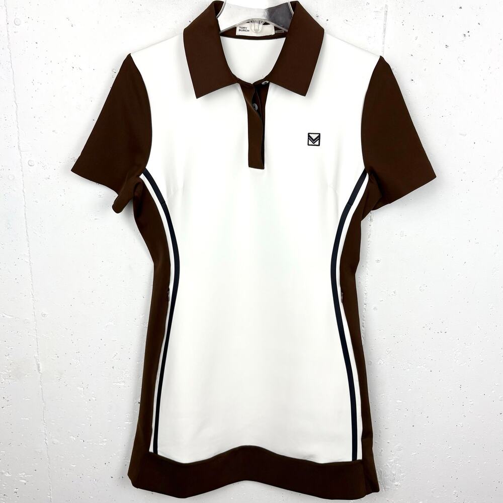 Tory Burch Italian Neoprene Golf Polo Dress ALine Mini Zip Pockets Brown Medium